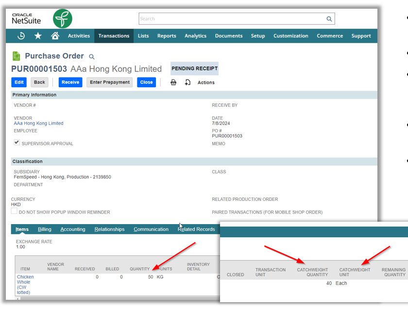 NetSuite Purchase Order Screenshot